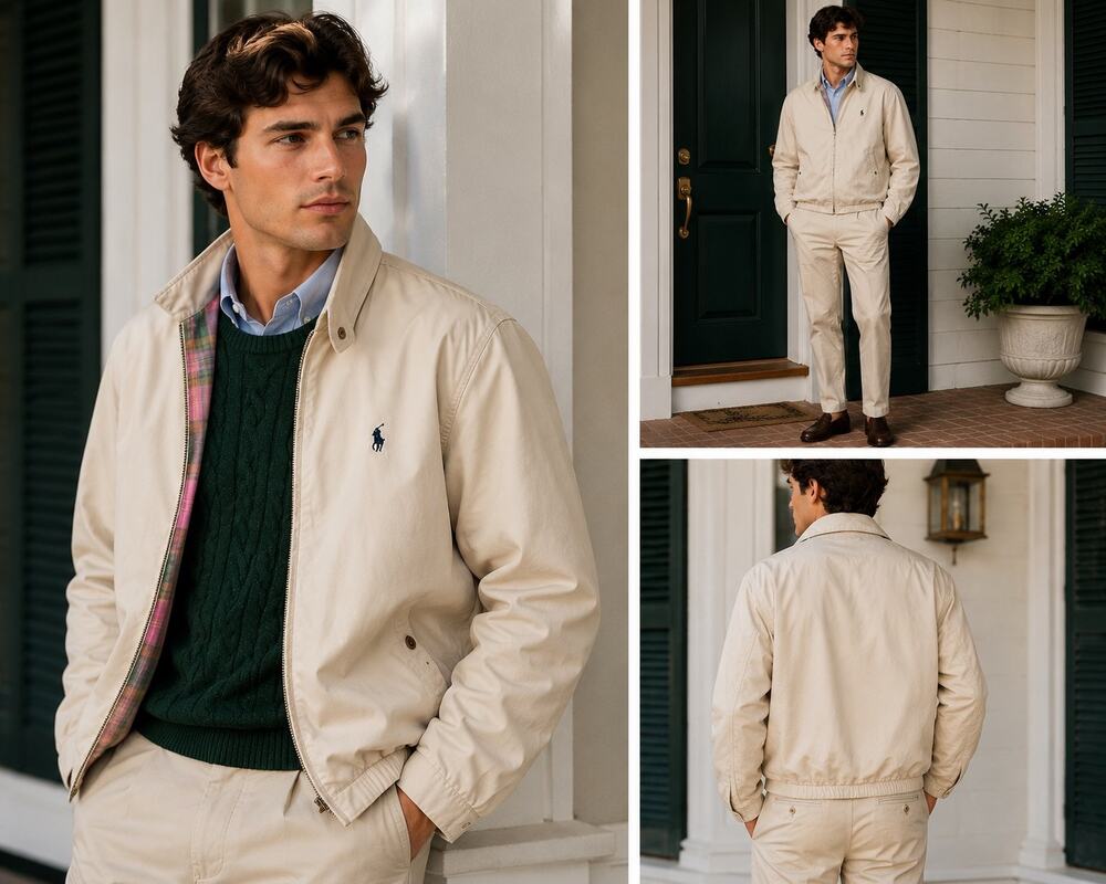 VTG Polo Ralph Lauren Men’s Harrington Jacket L Cream Plaid Lined Cotton *Flawed